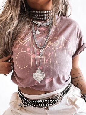Pebby Forevee Moon Child Cropped Bleach Splatter Raw Edge Graphic Tee